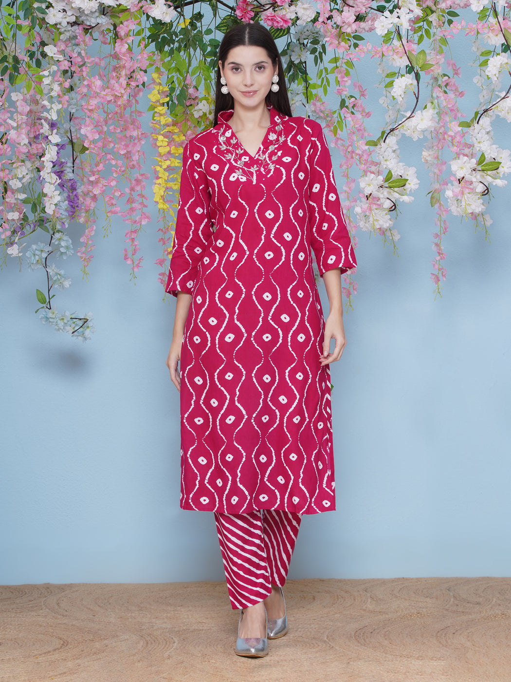 Magenta-Colored Printed Kurti Pant Set main image 0