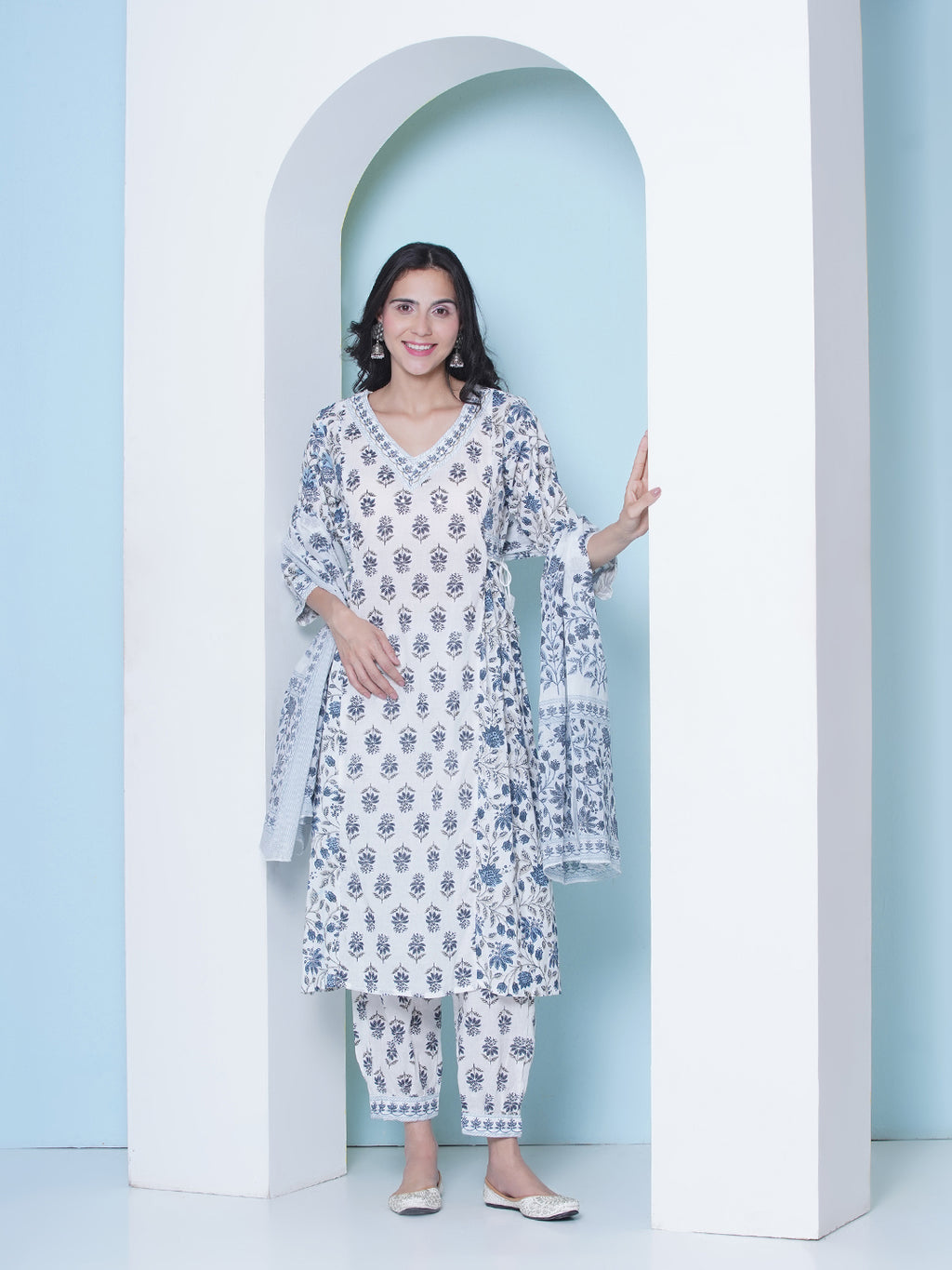 Printed Motif Kurti with Afghani Pant & Dupatta - Blue