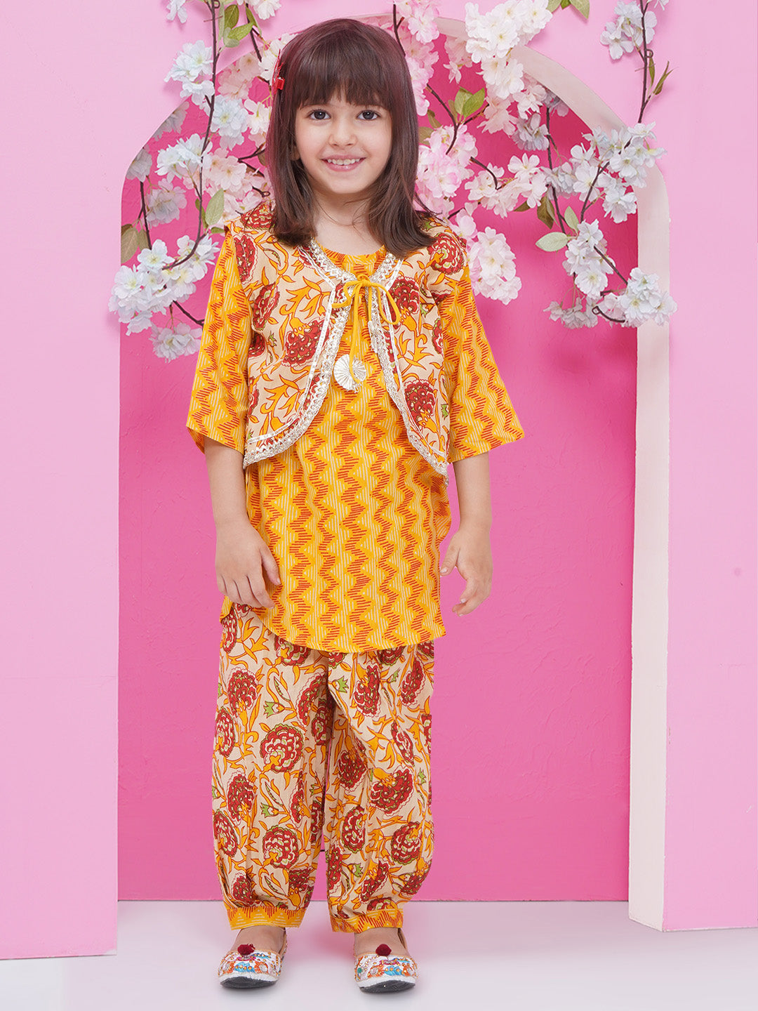 Girls Floral Gota patti Suit - Mustard Yellow