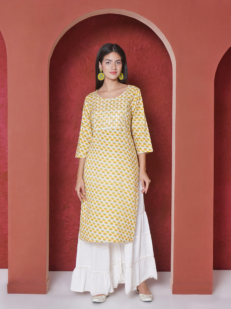 Printed A-line Kurta - Pastel Yellow