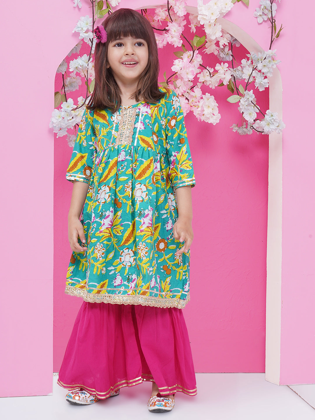 Girls Floral Printed Gotta Patti Pure Cotton Sharara - Green & Pink