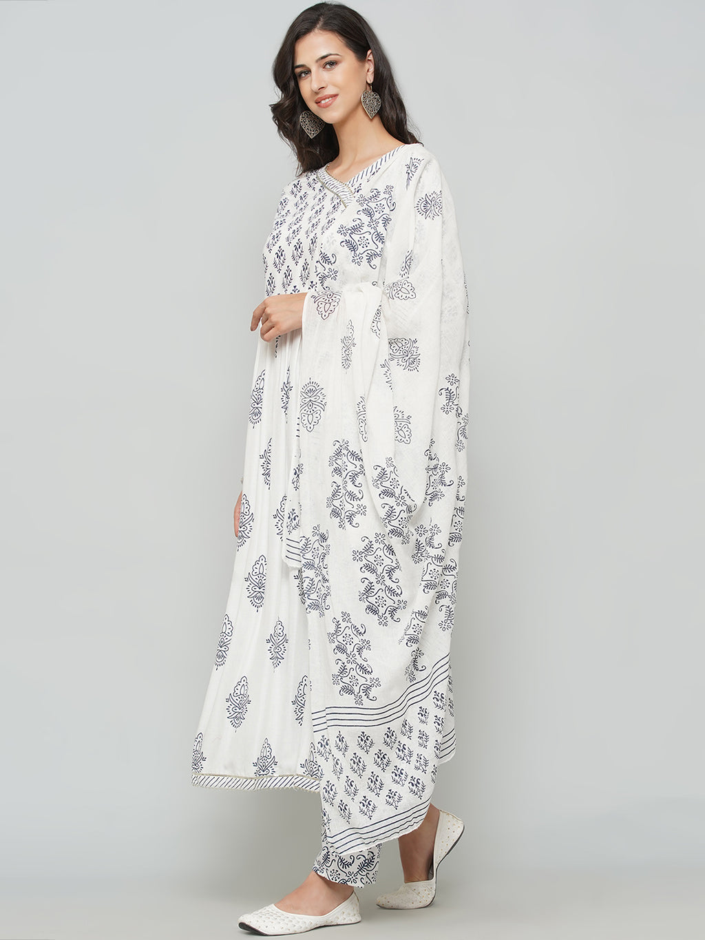 Angrakha Design Printed Suit Set - White & Navy Blue