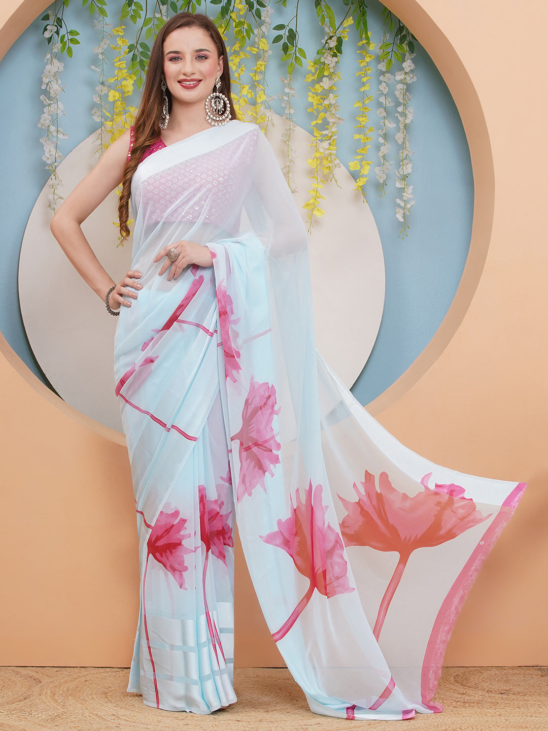 Floral Print Chiffon Saree - Light Blue-Pink