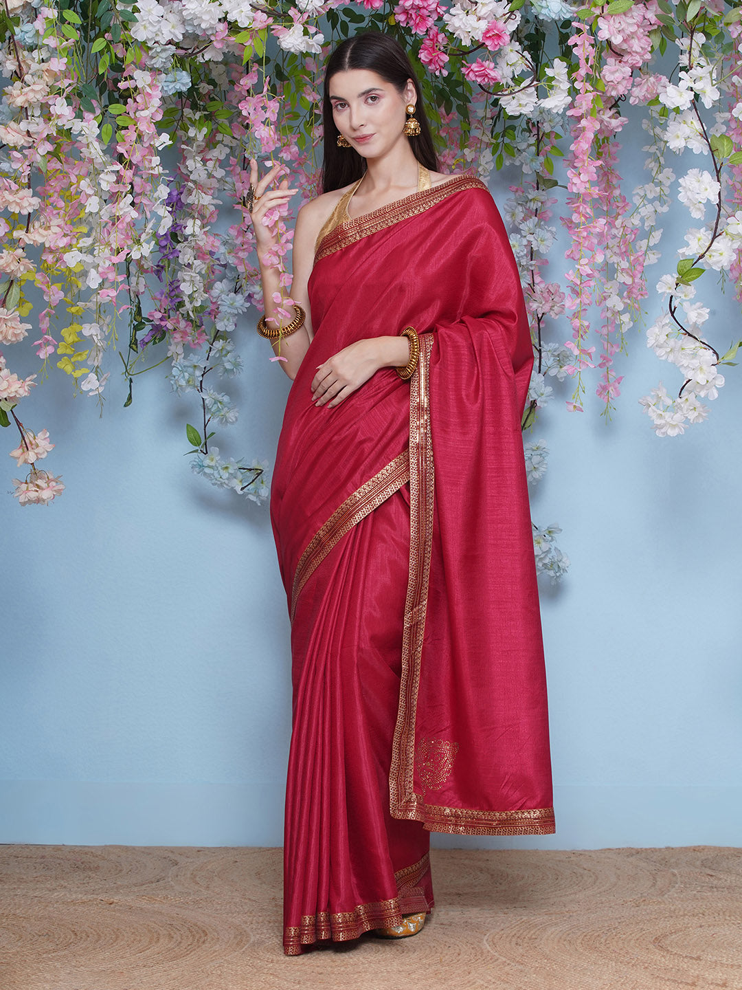 Svaroski Buta Silk Blend Saree - Crimson