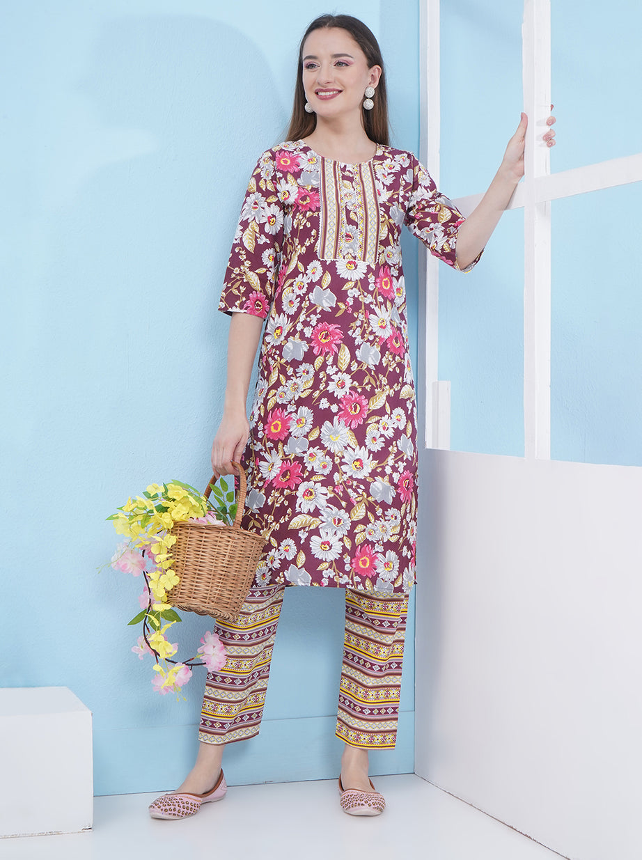 Floral Kurti Set - Maroon