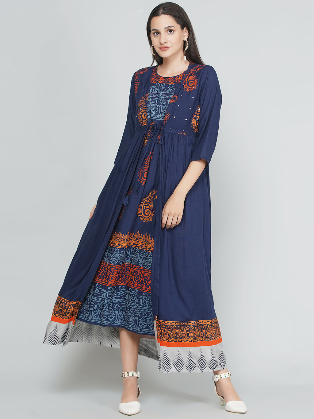 Paisley Print Dress with Shrug - Indigo