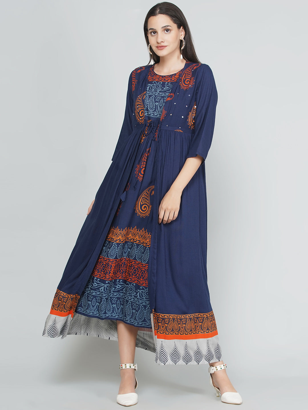 Paisley Print Dress with Shrug - Indigo