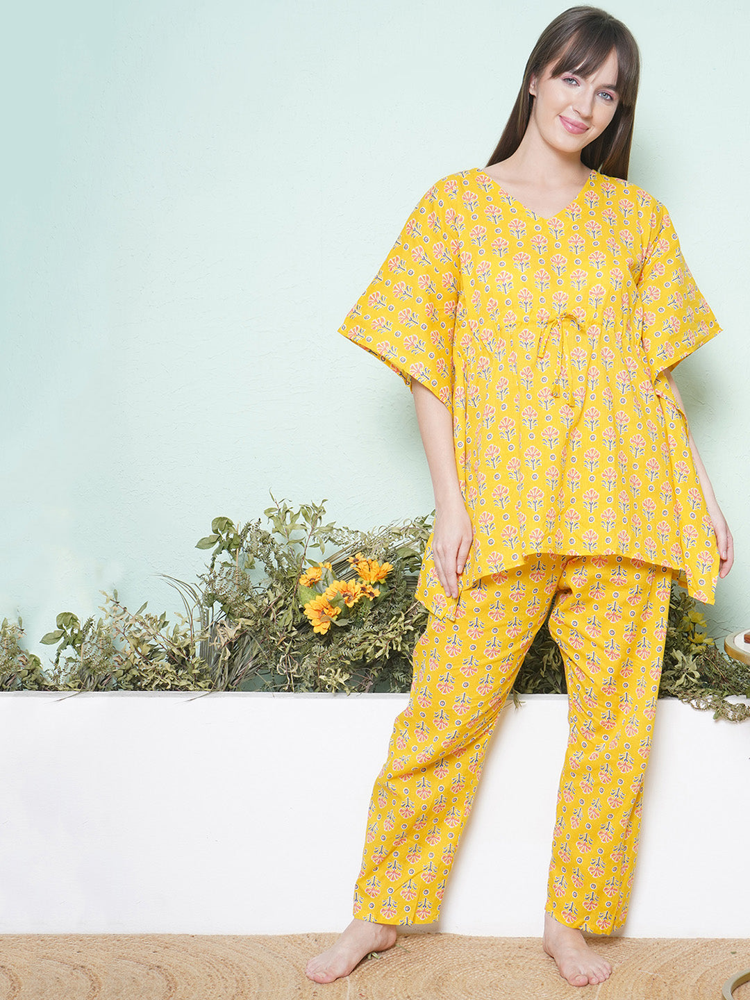 Printed Kaftan Lounge Wear - Yellow