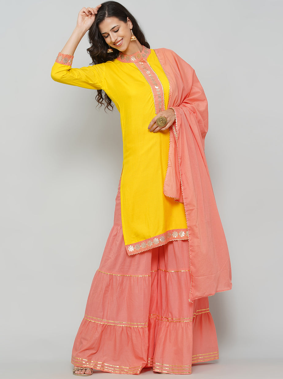Gota Patti Sharara Suit Set - Yellow & Peach