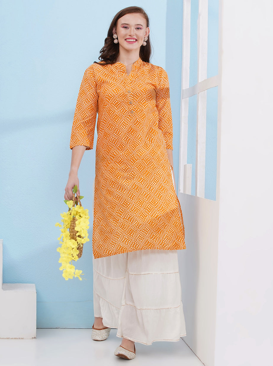 Printed A-line Kurti - Orange