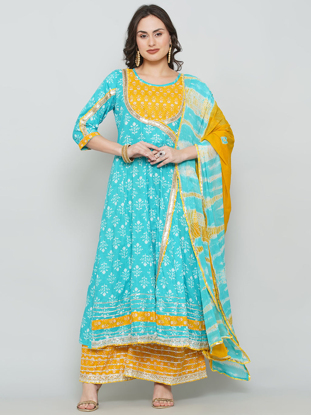 Gota Patti Sharara Suit Set - Cyan & Yellow