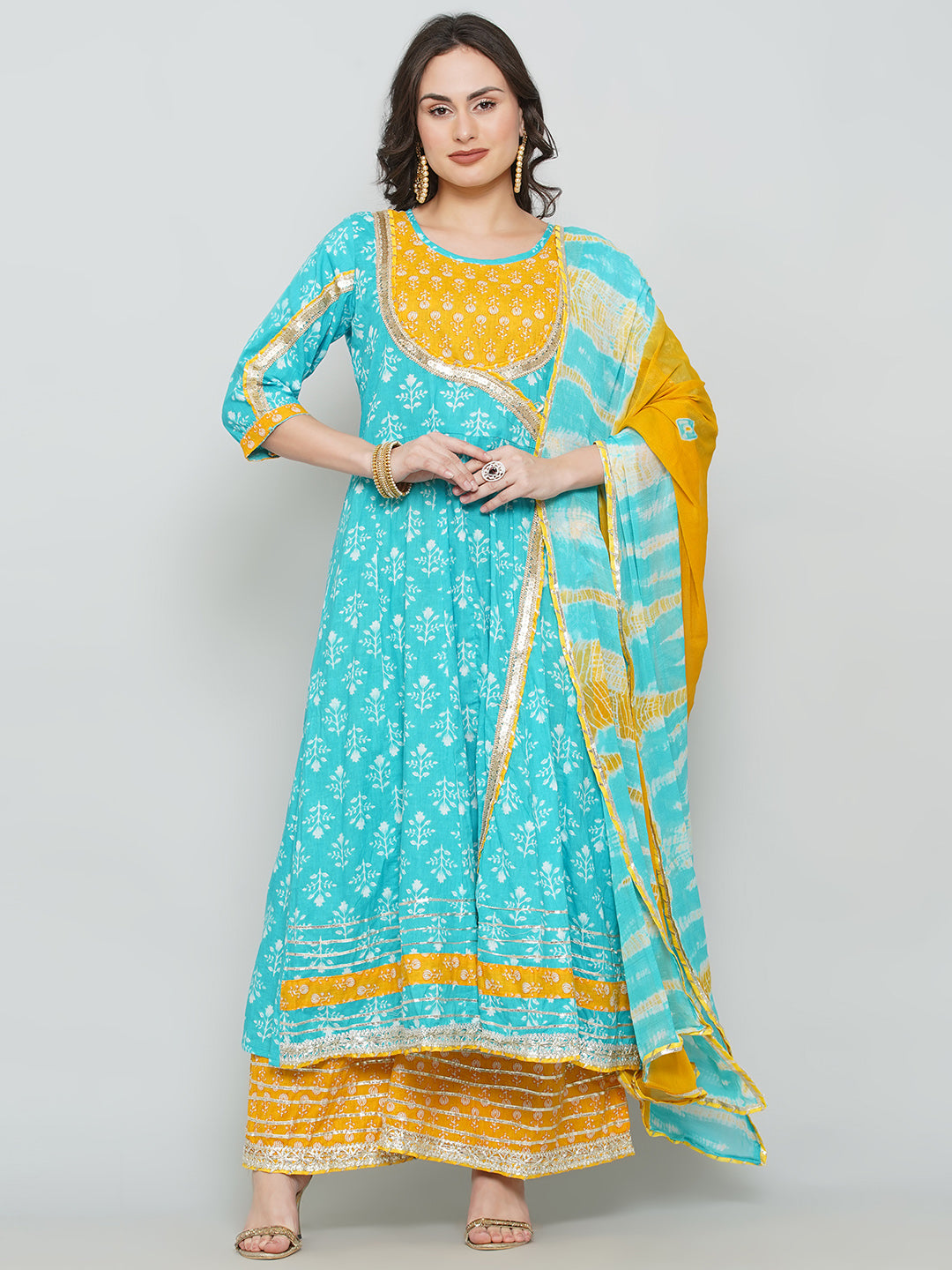 Gota Patti Sharara Suit Set - Cyan & Yellow