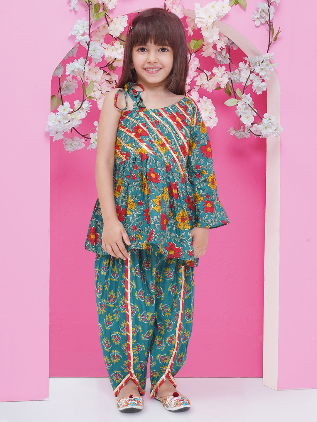 Girls Gota Patti Printed off shoulder Kurta with Dhoti Pant - Teal