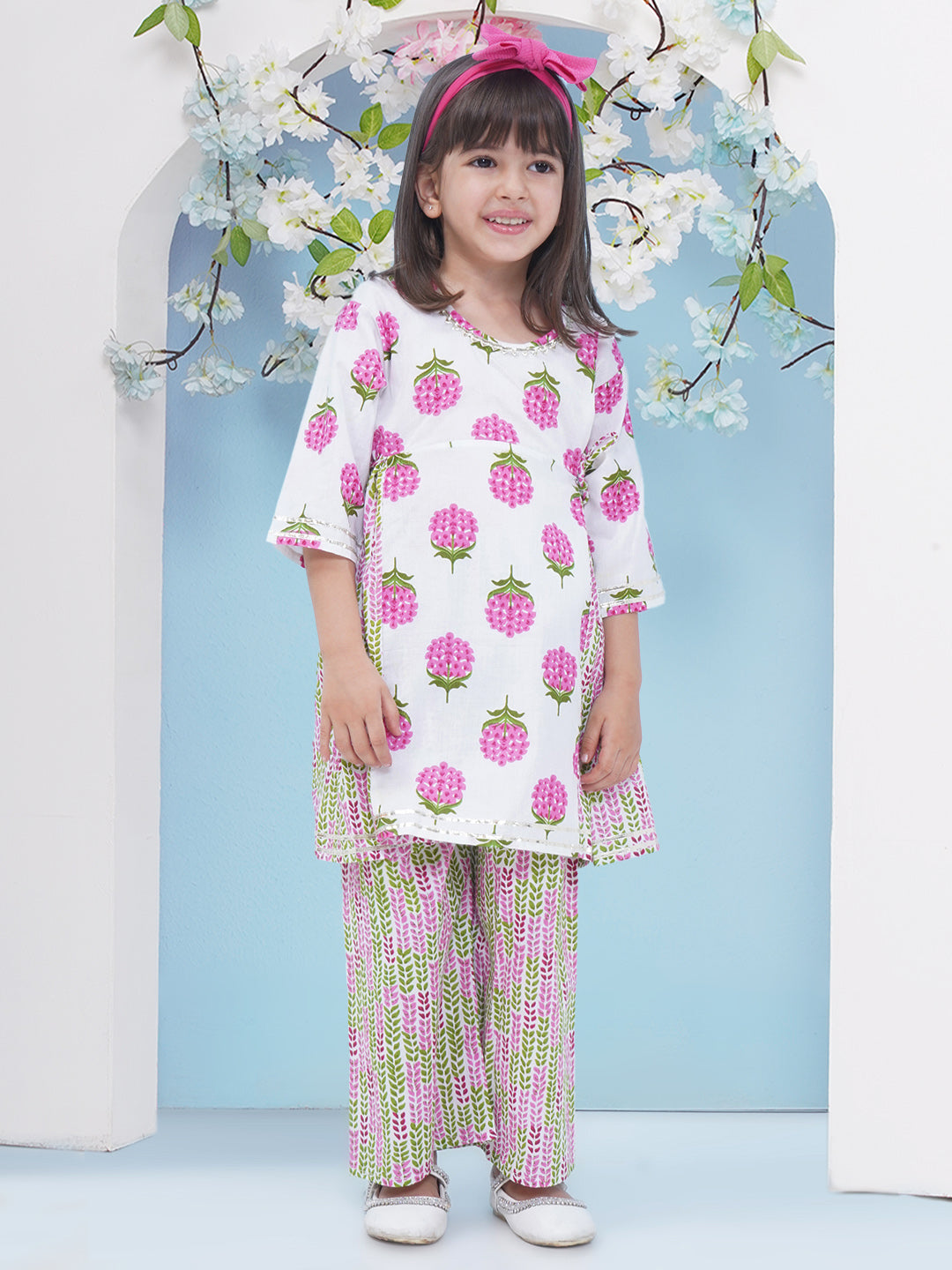 Girls Floral Printed Cotton A-line Kurta With Palazzo - Pink