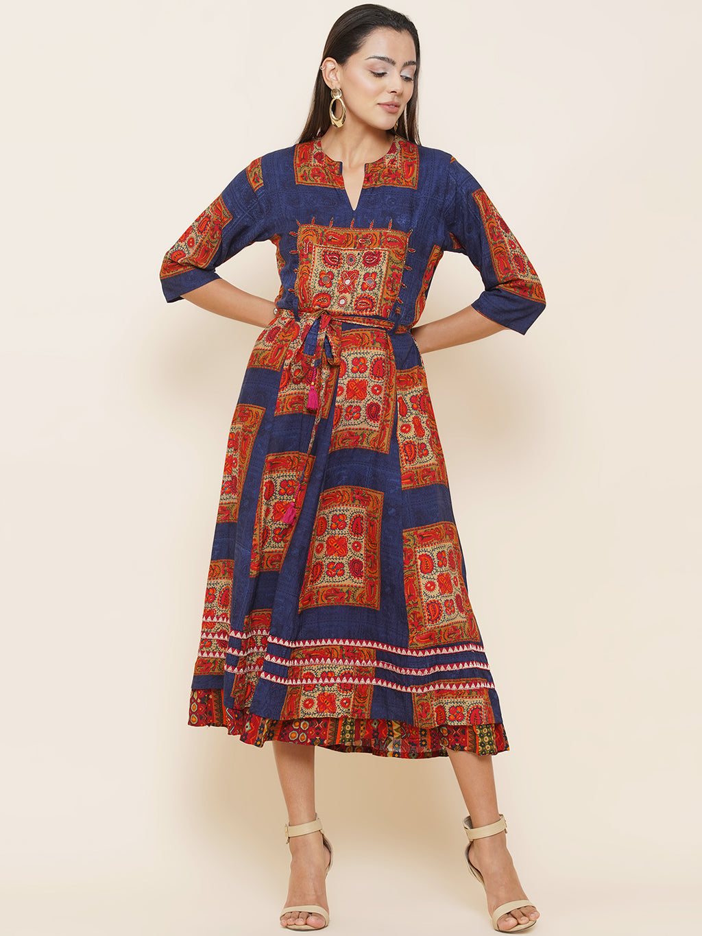 Motifs Printed Dress - Blue & Orange