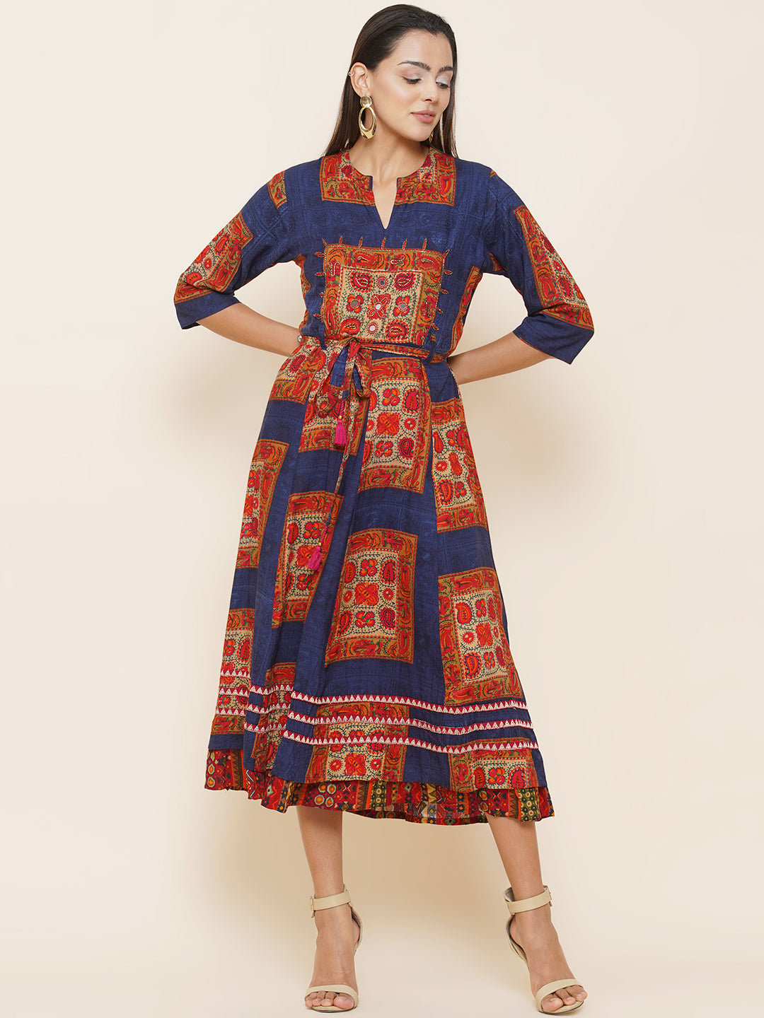 Motifs Printed Dress - Blue & Orange
