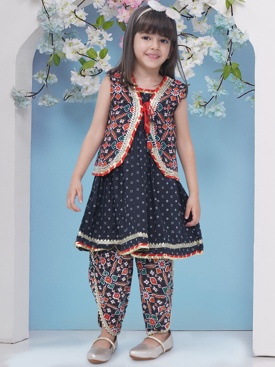 Girls Patola Print Cotton Gota Patti Suit - Dark Blue