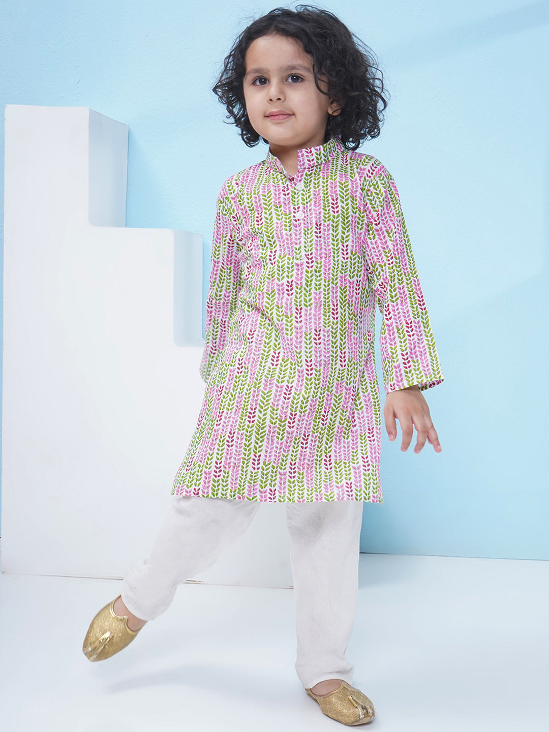 Boys Floral Printed Cotton Kurta with Pajama - Green & Pink
