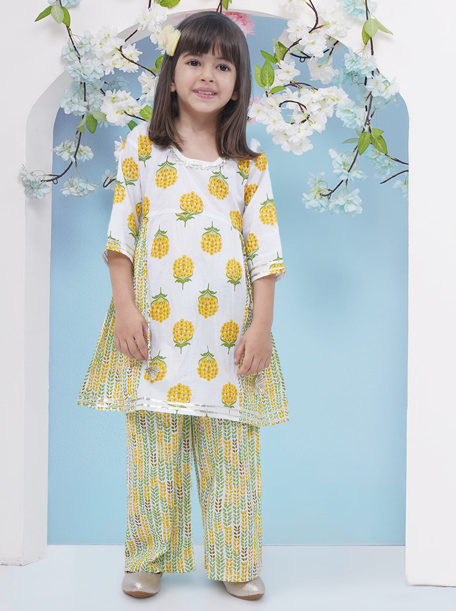 Girls Floral Printed Cotton A-line Kurti With Palazzo - Yellow