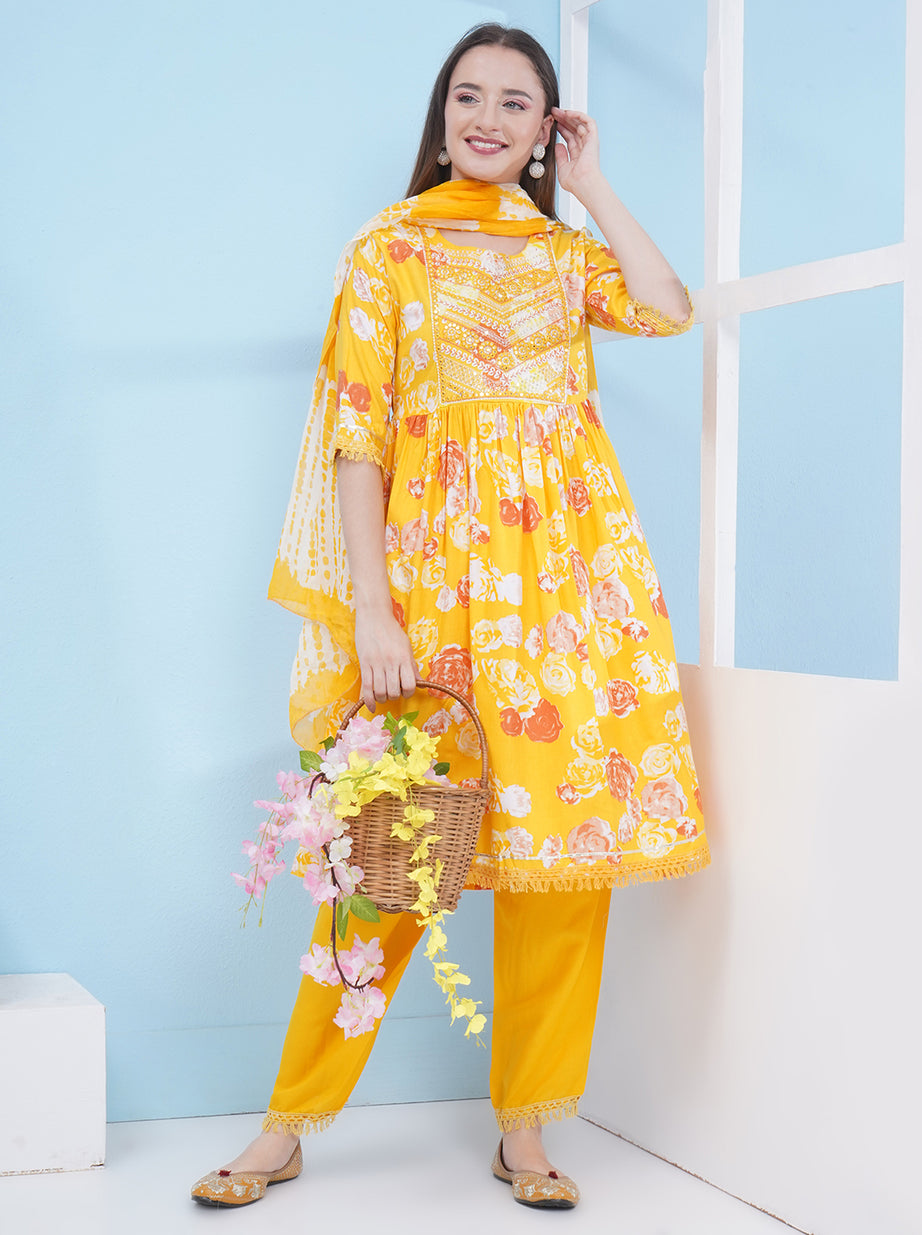 Nyra Cut Floral Print Suit Set - Yellow
