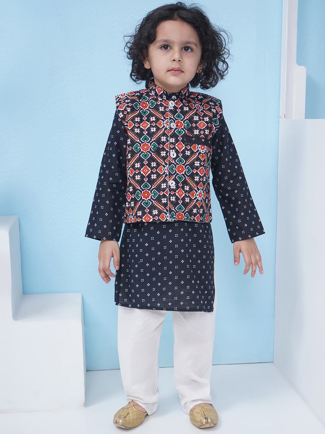 Boys Patola Print Cotton Kurta with Pajama With Jacket - Dark Blue