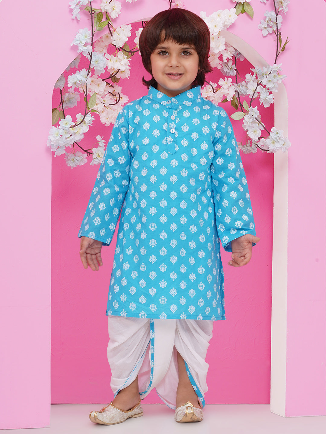 Boys Boti Printed Cotton Kurta with Dhoti - Blue
