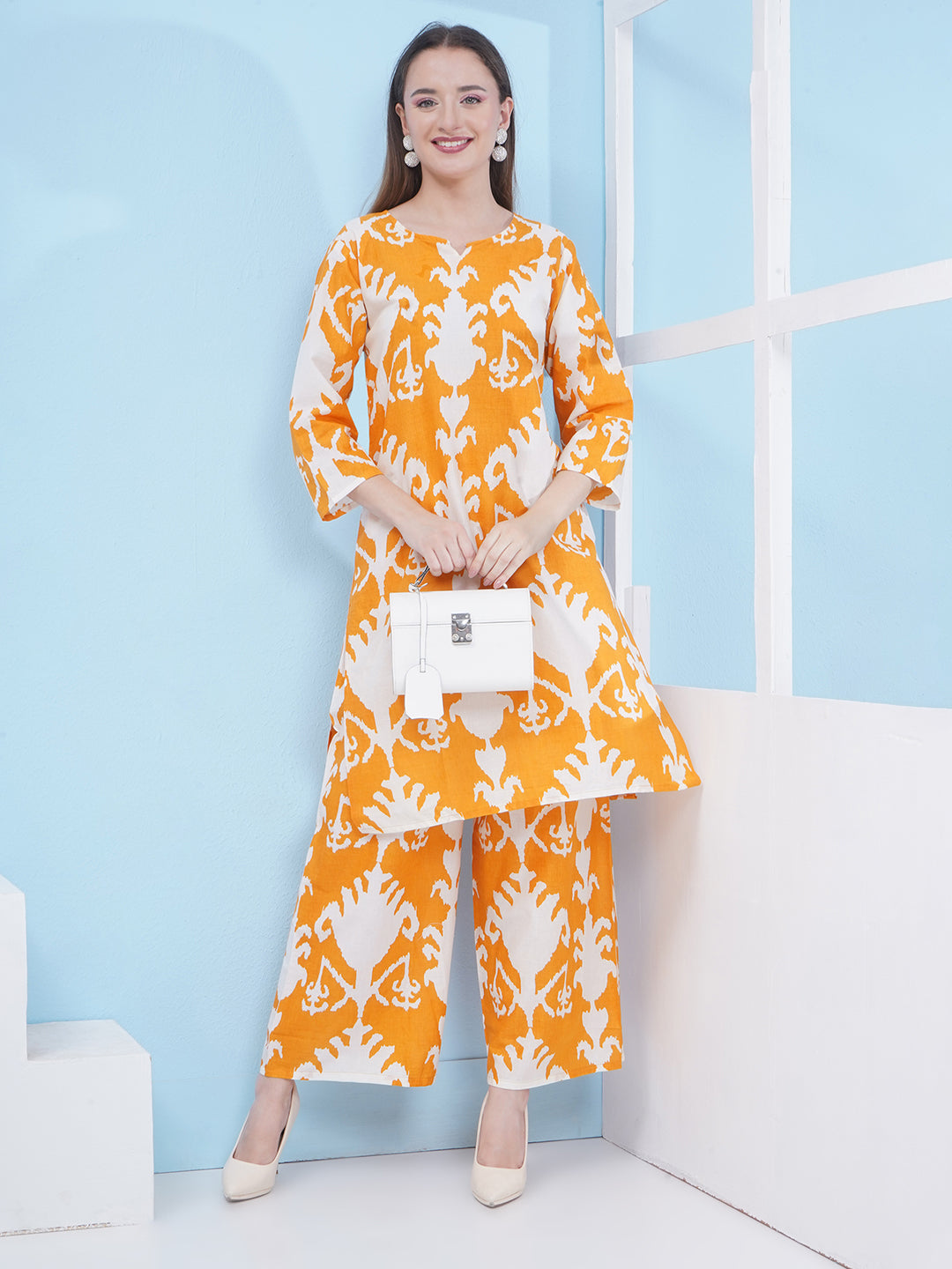 Motifs Printed Cotton Co-ord Set - Yellow