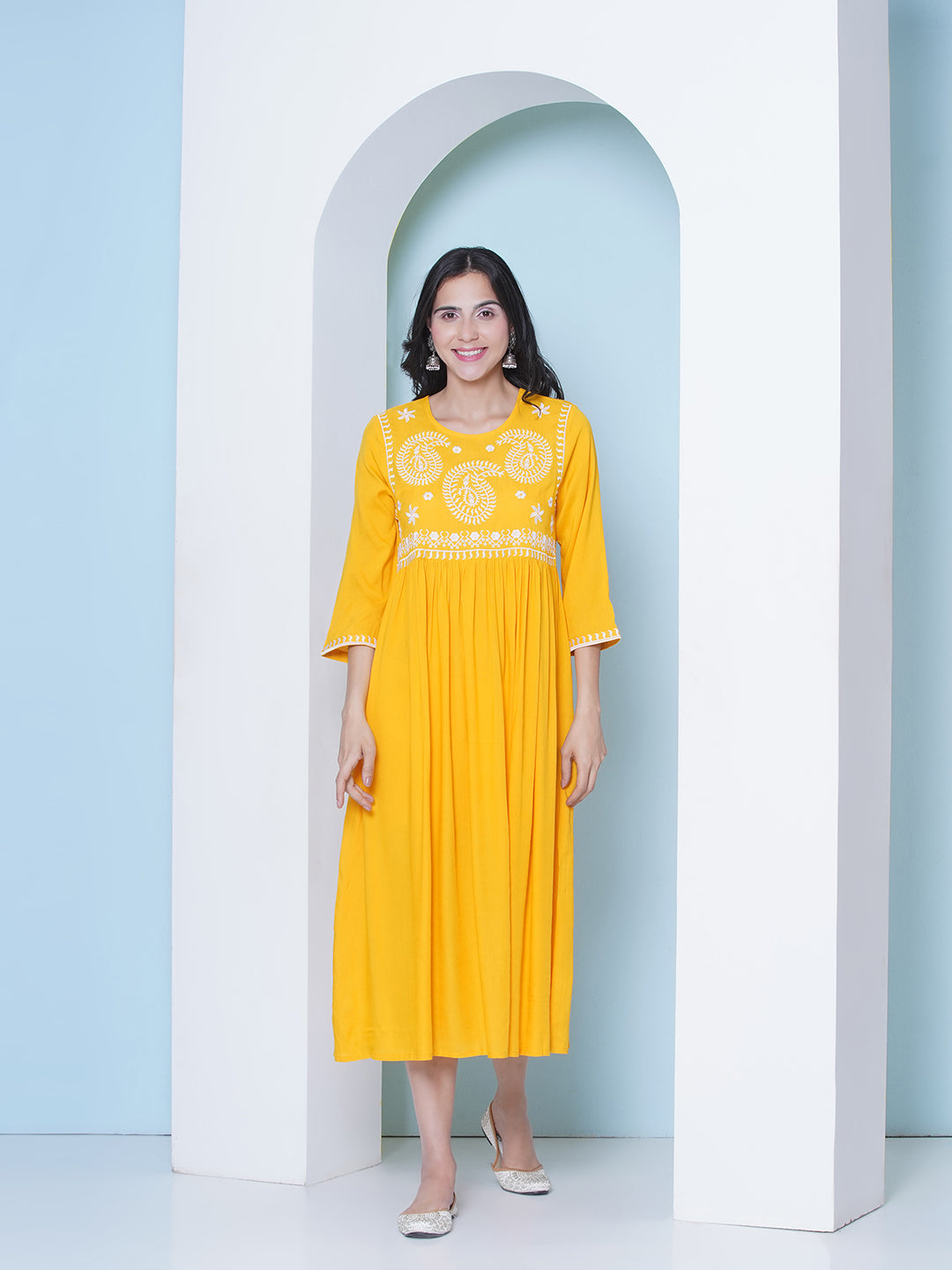 Embroidery Gown Dress - Yellow