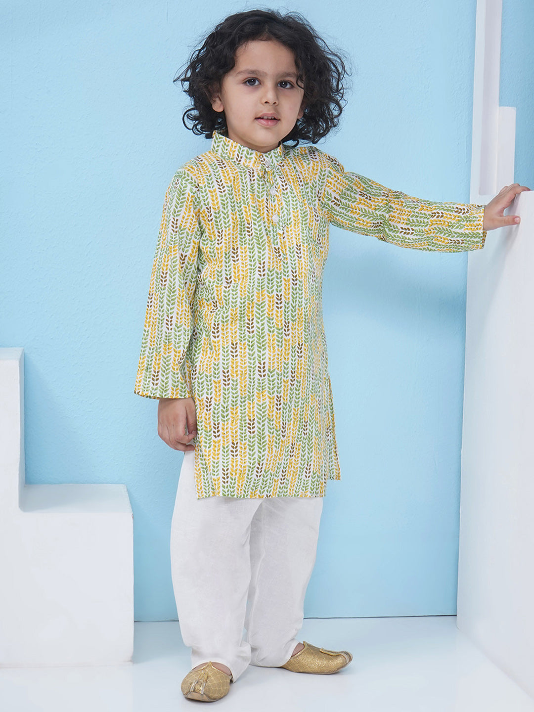 Boys Floral Printed Cotton Kurta with Pajama - Green & Yellow