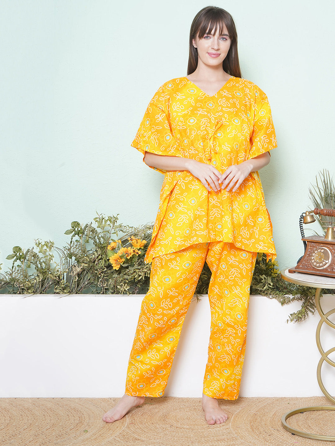Printed Kaftan Lounge Wear - Yellow