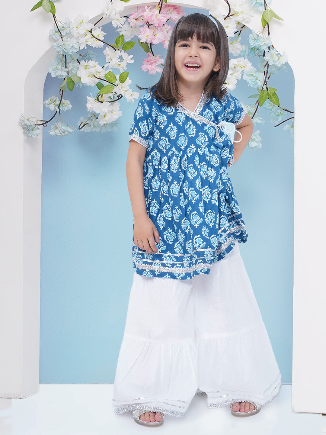 Girls Block Printed Gota Patti Cotton Angrakha Kurti with Sharara - Blue & White