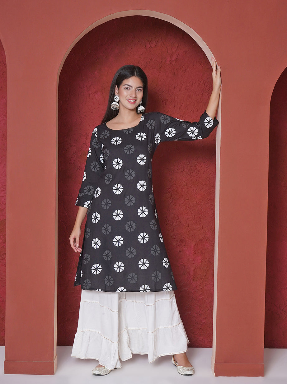 Printed Motif A-Line Kurti - Black
