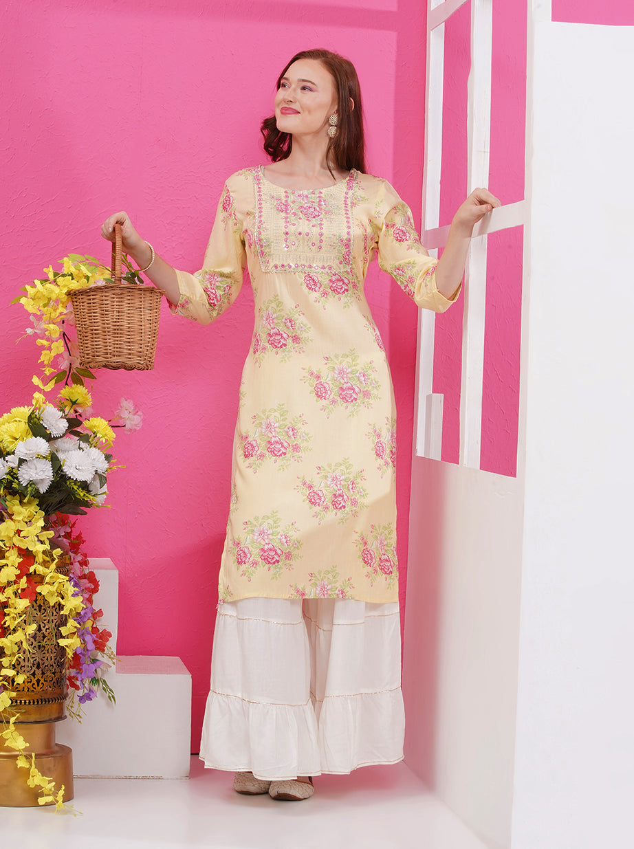 Floral Printed A-Line Kurti - Cream