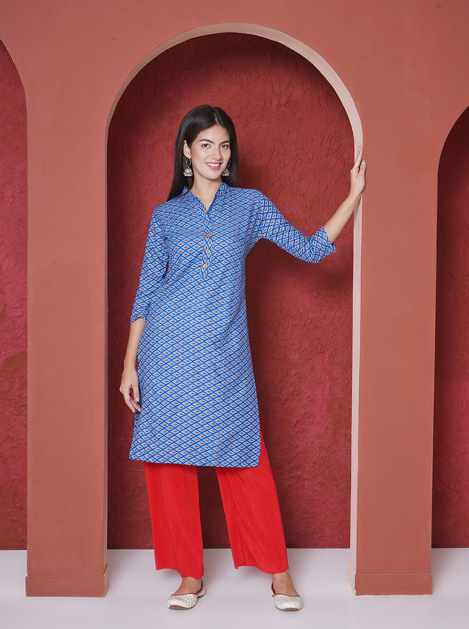 Printed A-line Kurta - Blue