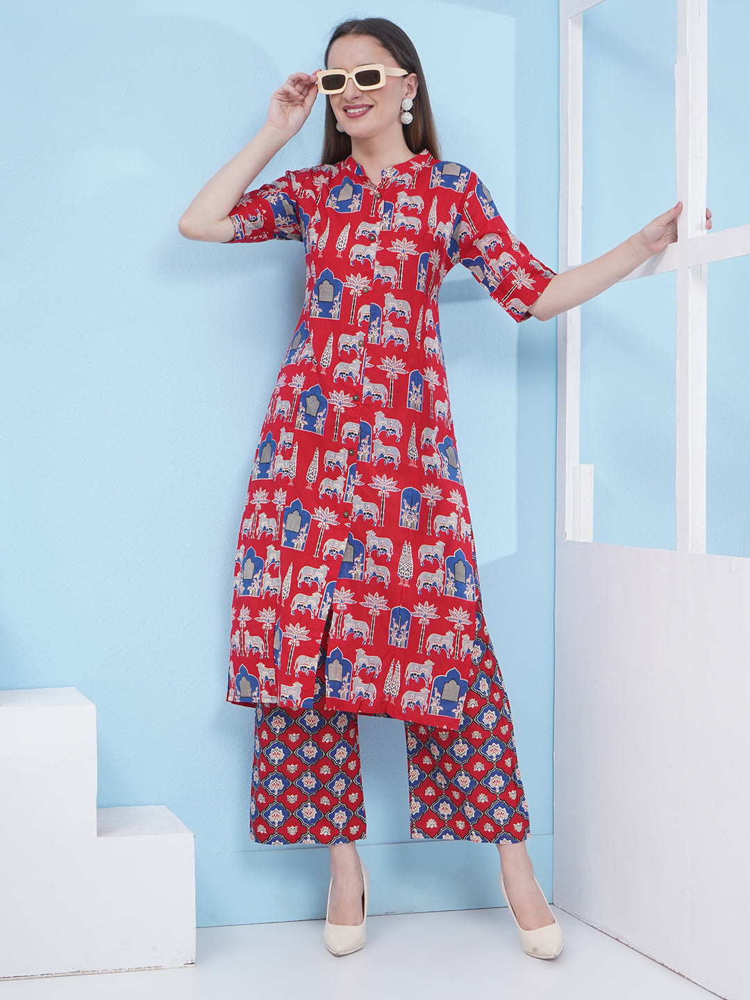 Printed Co-Ord Set for Women - Red & Blue