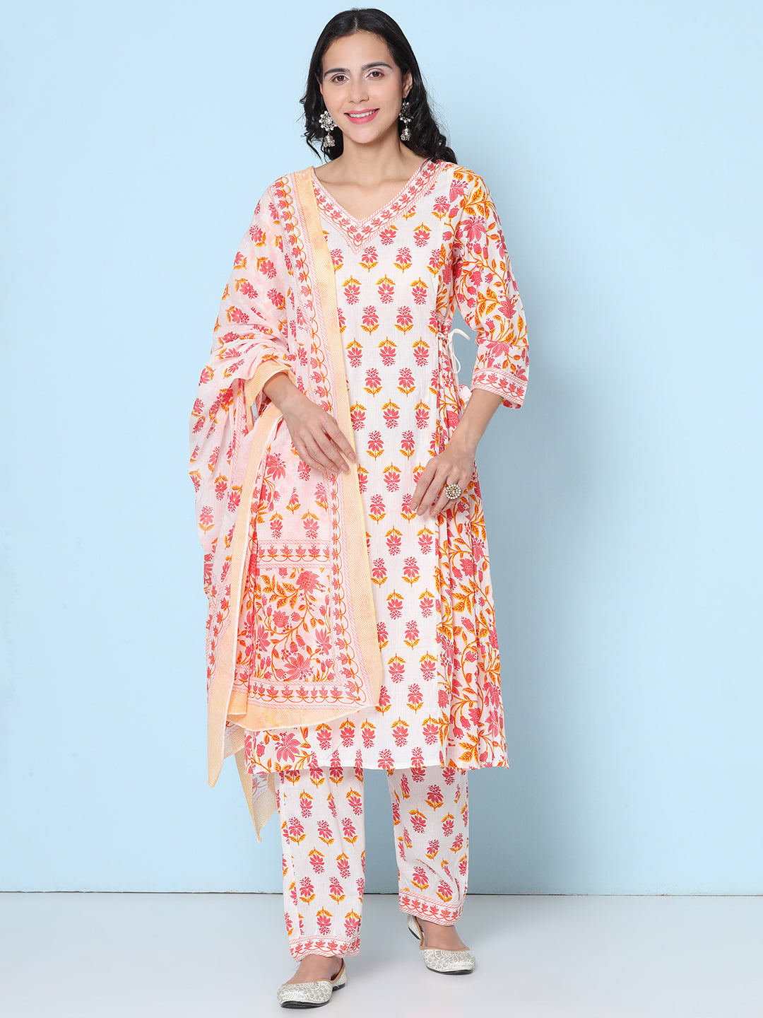 Printed Motif Kurti with Afghani Pant & Dupatta - Orange