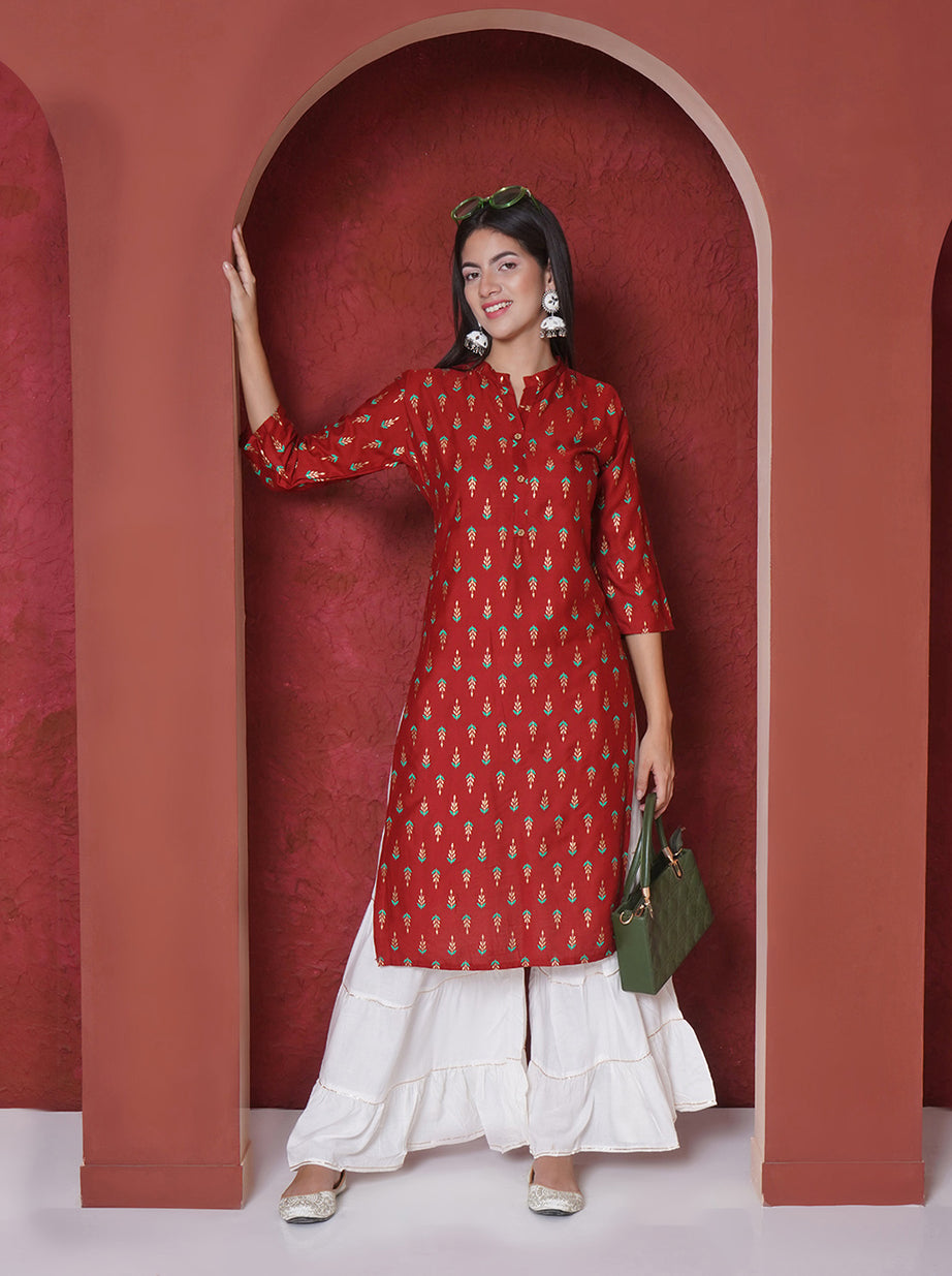 Printed A-line Kurta - Maroon