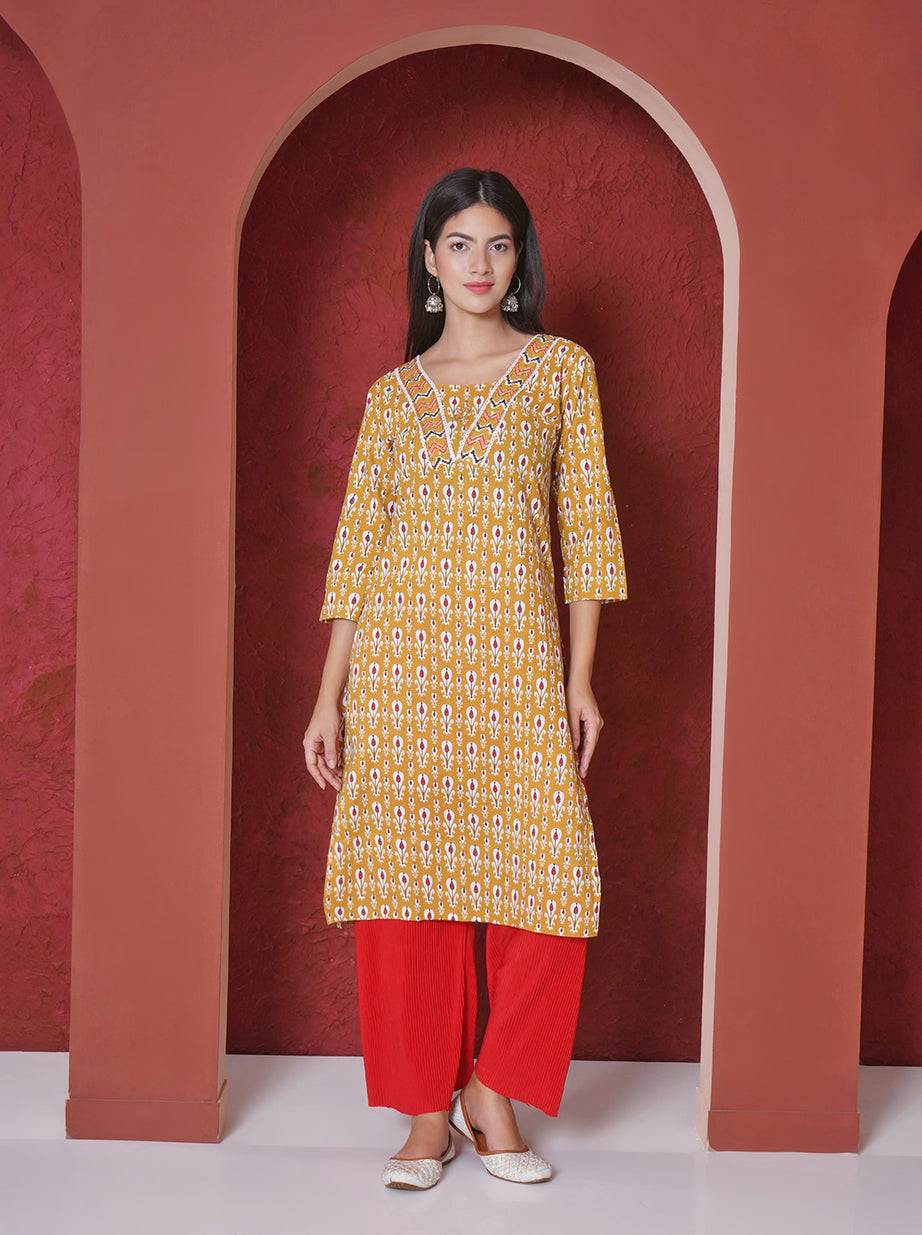 Printed A-line Kurti - Yellow