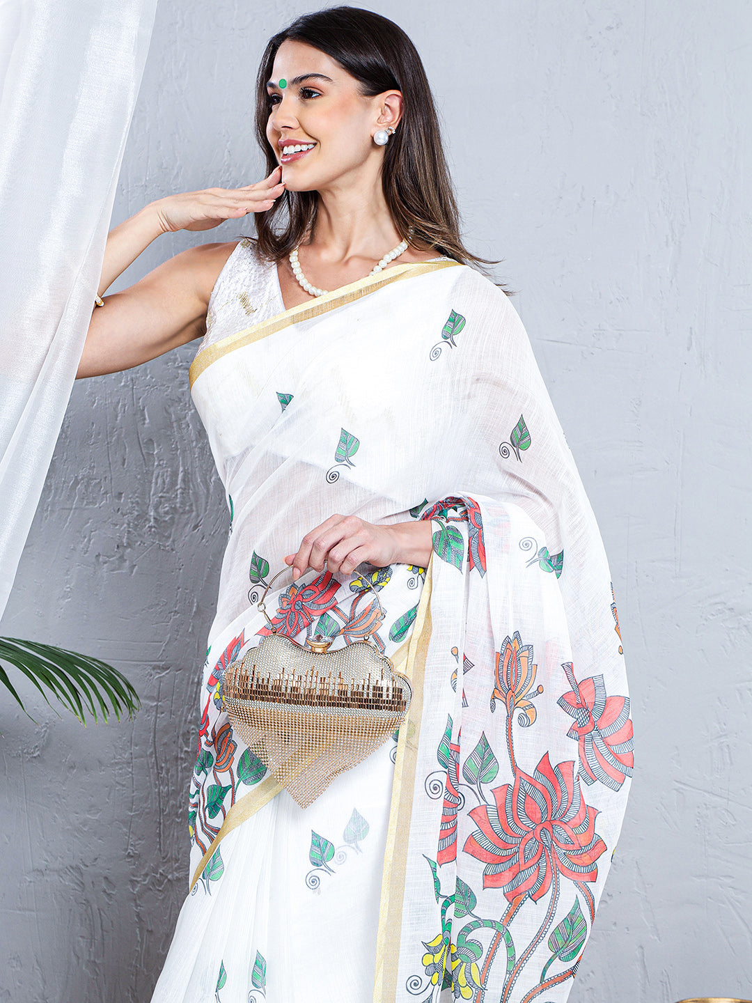 Floral Print Soft Linen Saree - Orange