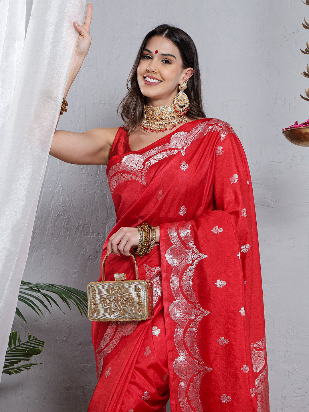Banarasi Silk Mehrab Design Saree - Red