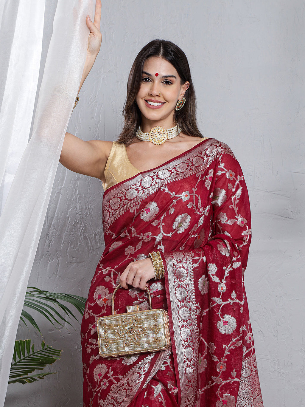 Banarasi Silk Meena Jaal Weave Saree - Maroon