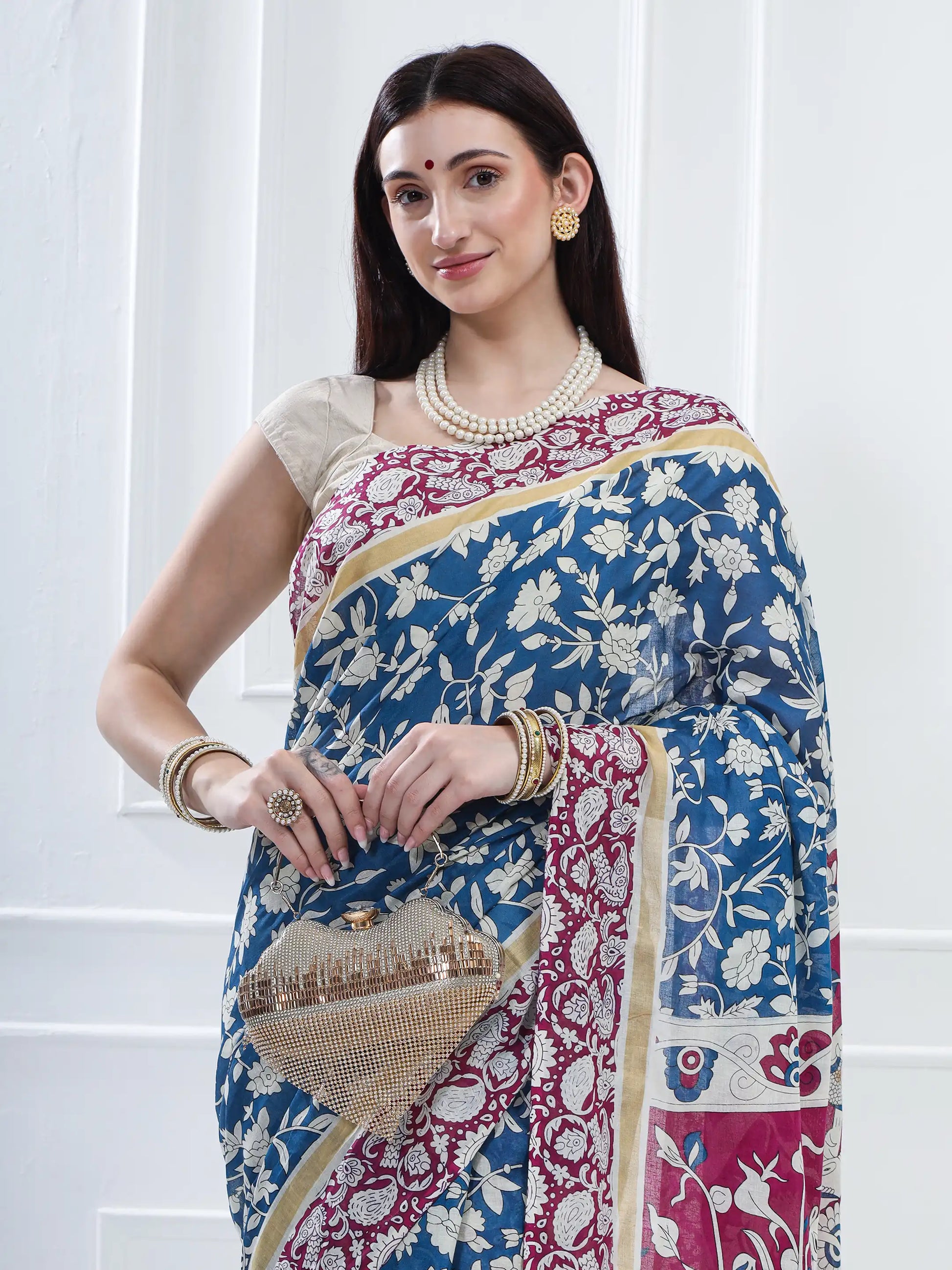 Ajrakh Print Cotton Saree - Sea Blue & Magenta