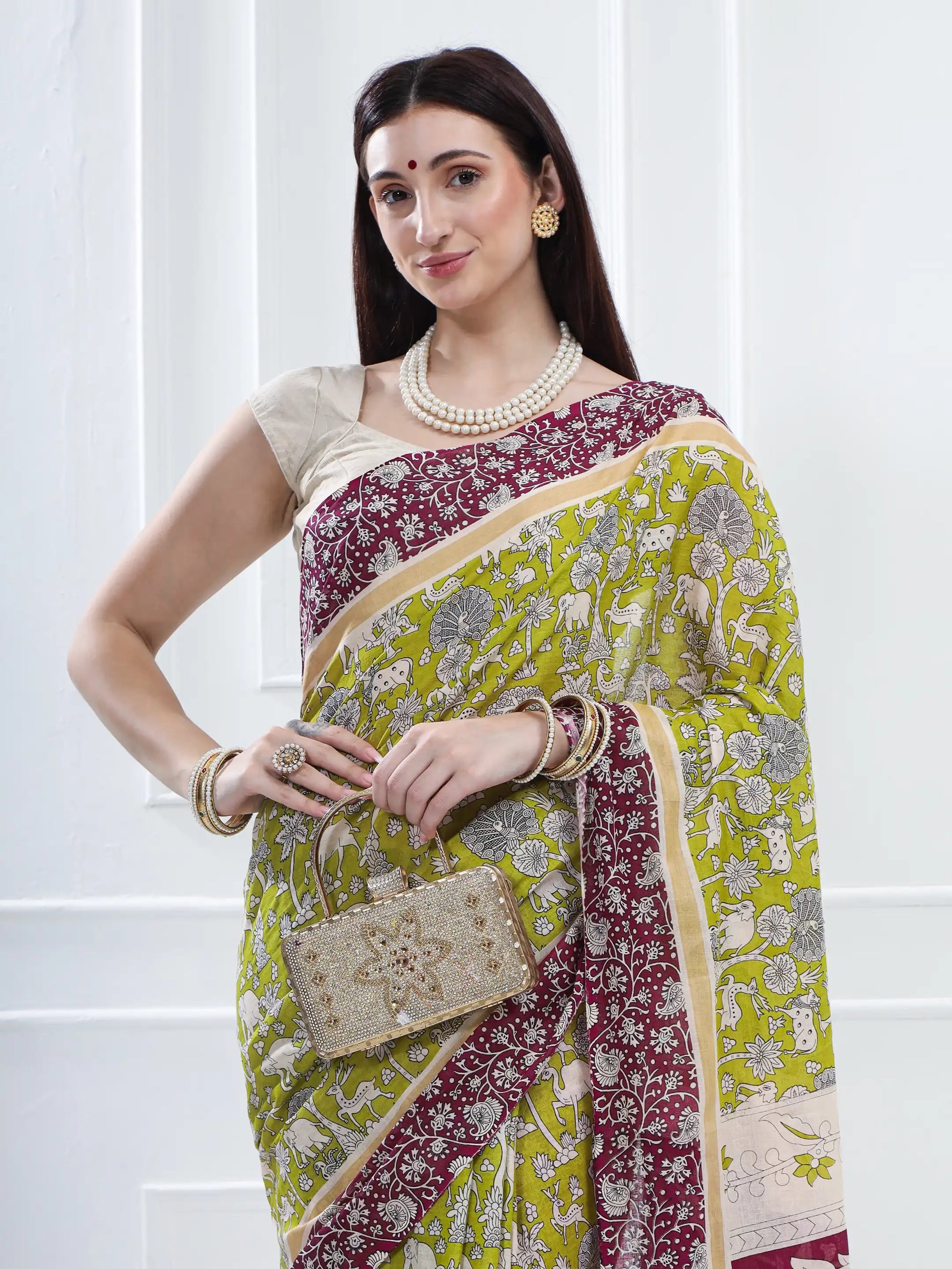 Ajrakh Print Cotton Saree - Green and Magenta