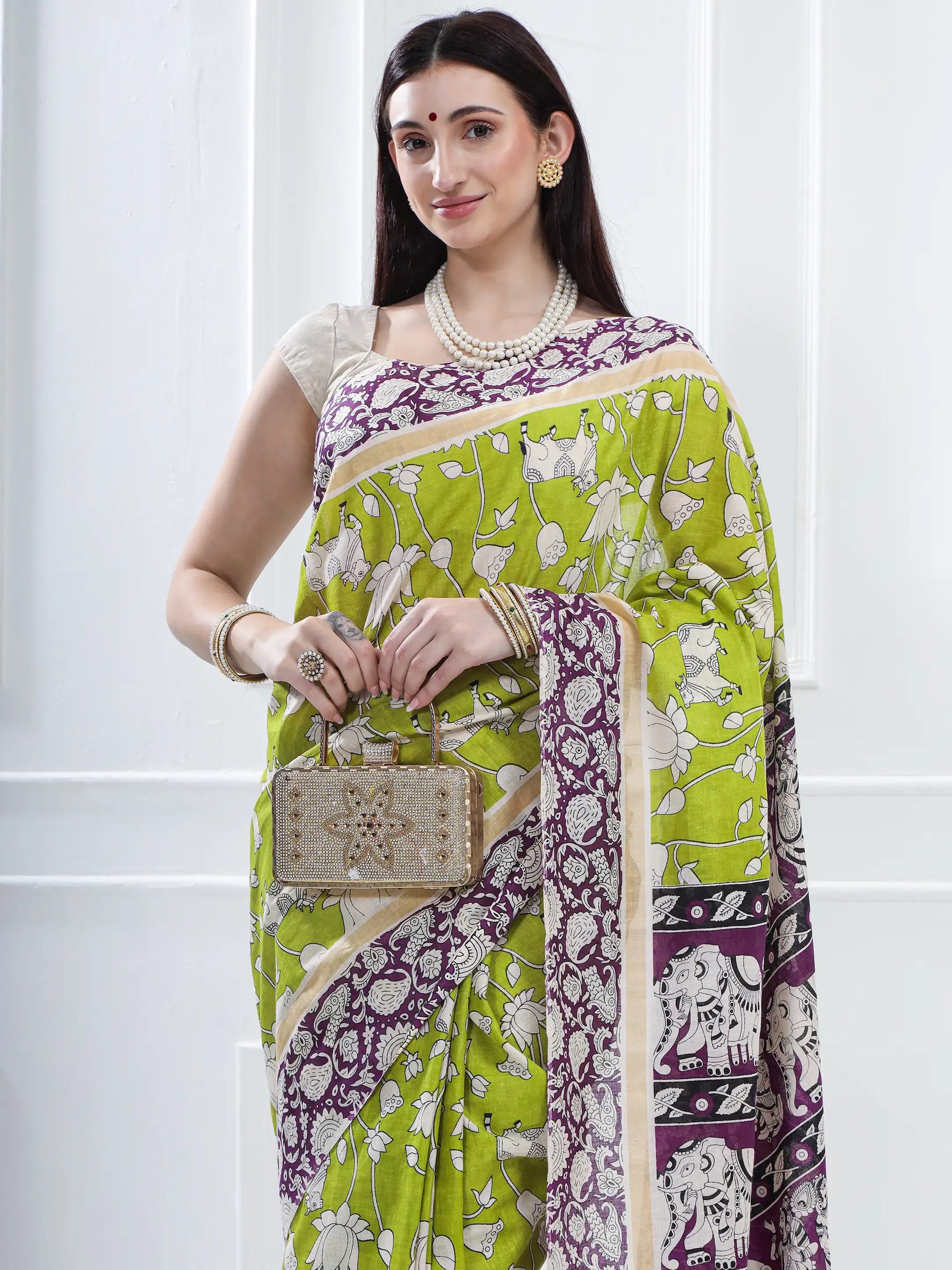 Ajrakh Print Cotton Saree - Green & Purple