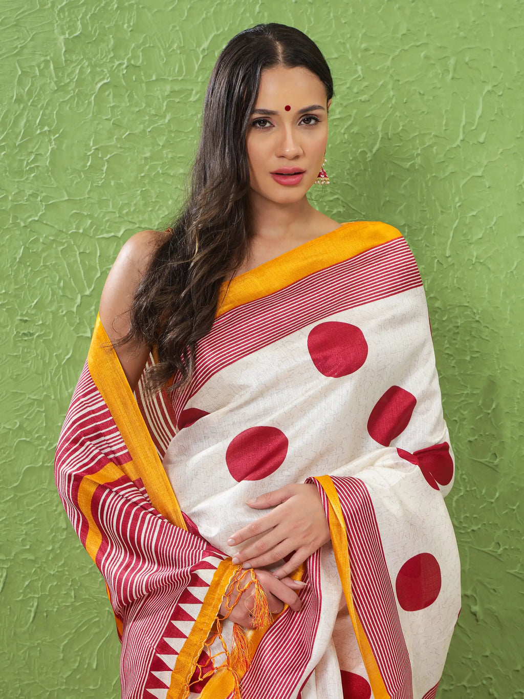 Khadi Silk Saree with Polka Motifs & Yellow Accent