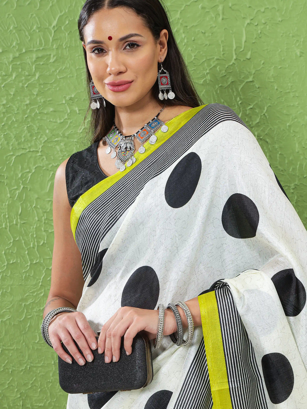 Khadi Silk Saree with Polka Motifs & Neon Accent