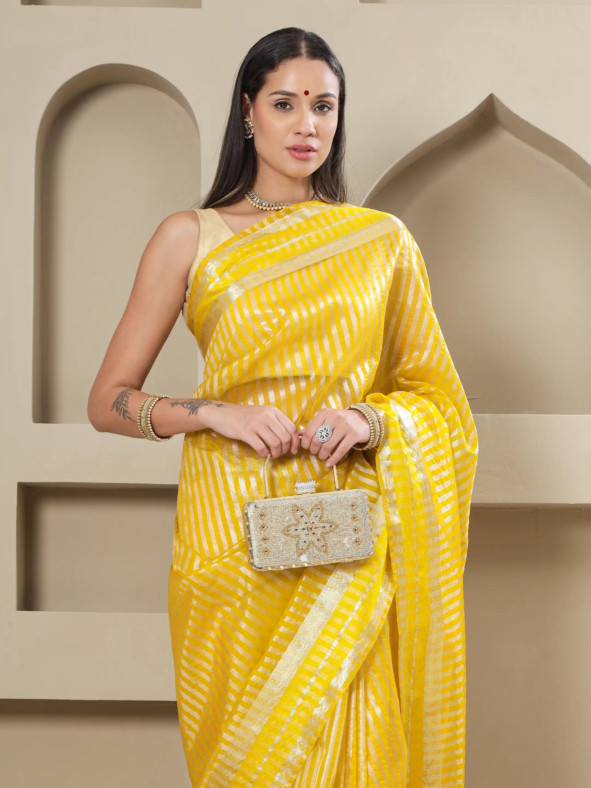 Banarasi Striped Zari Tissue Saree - Yellow
