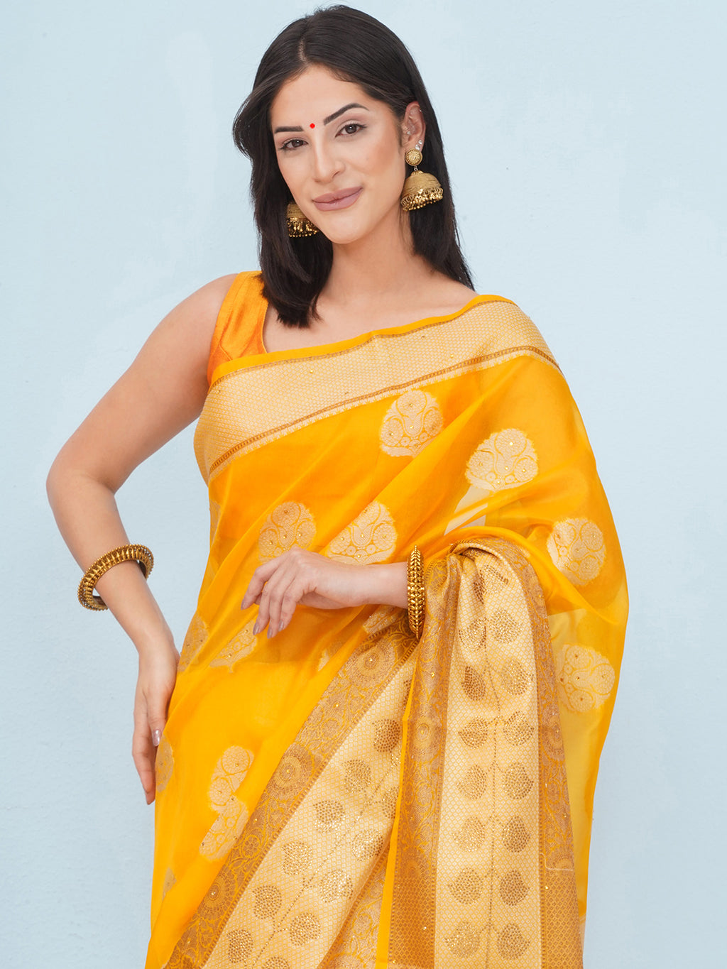 Banarasi Organza Broad Border Saree - Mango Yellow