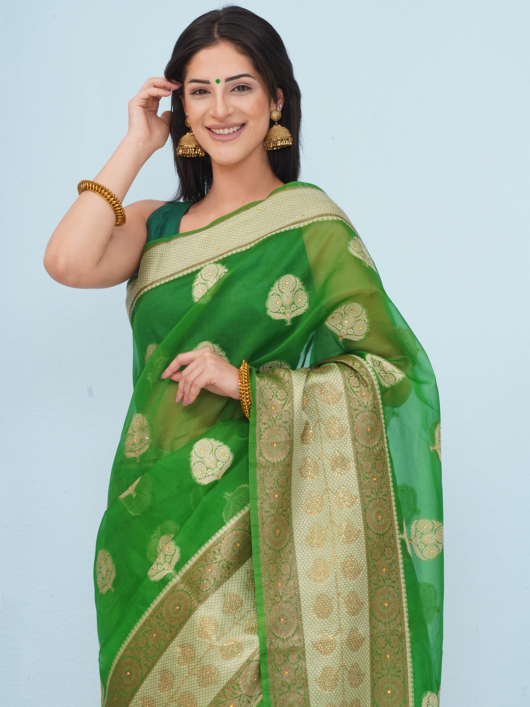Banarasi Organza Broad Border Saree - Emerald Green