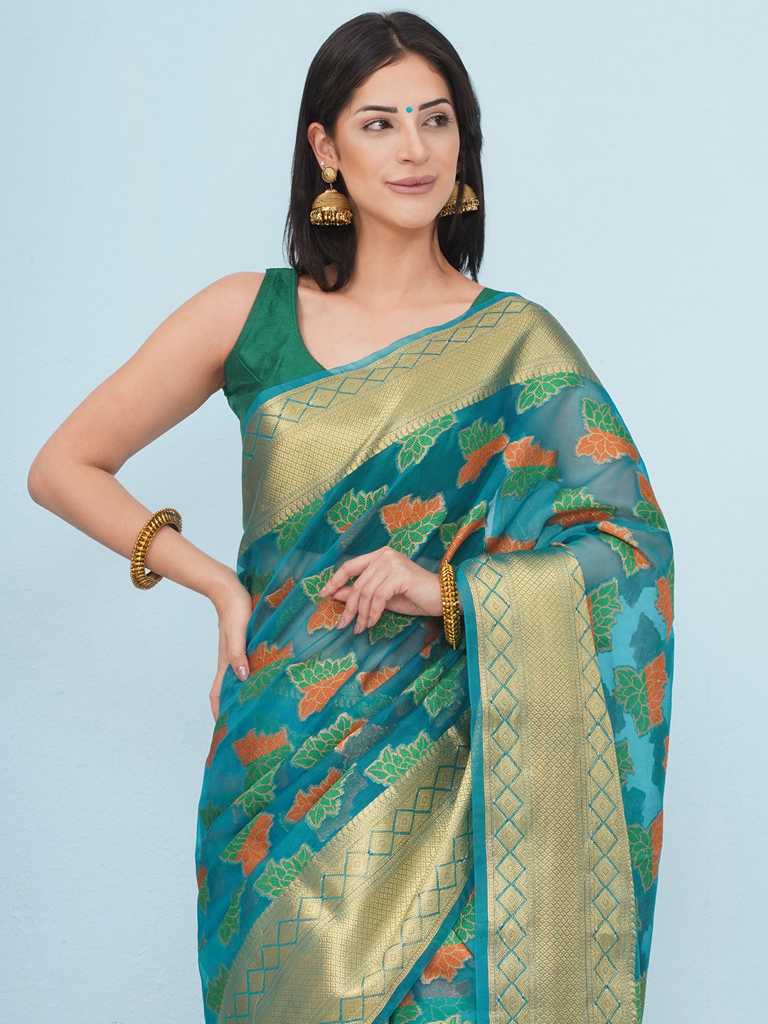 Banarasi Organza Saree with Golden Zari Border - Teal Blue